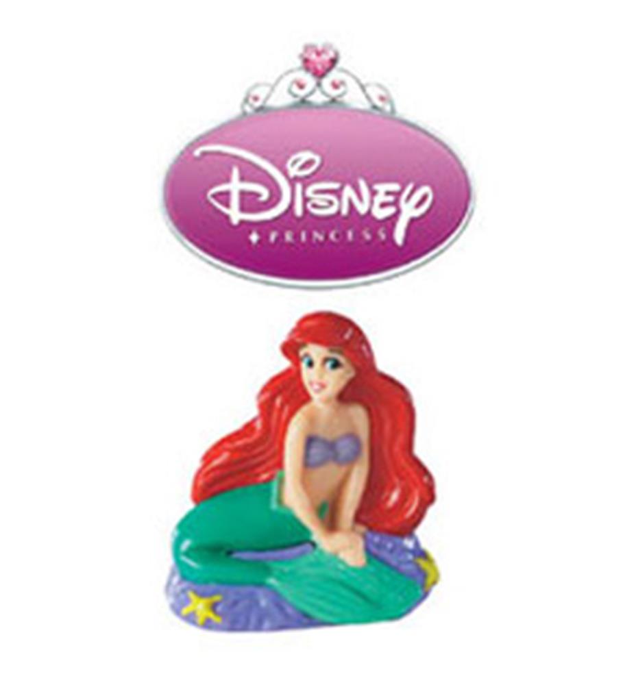 Disney Princess Ariel mermaid party topper with red hair and green tail sitting on purple rock.