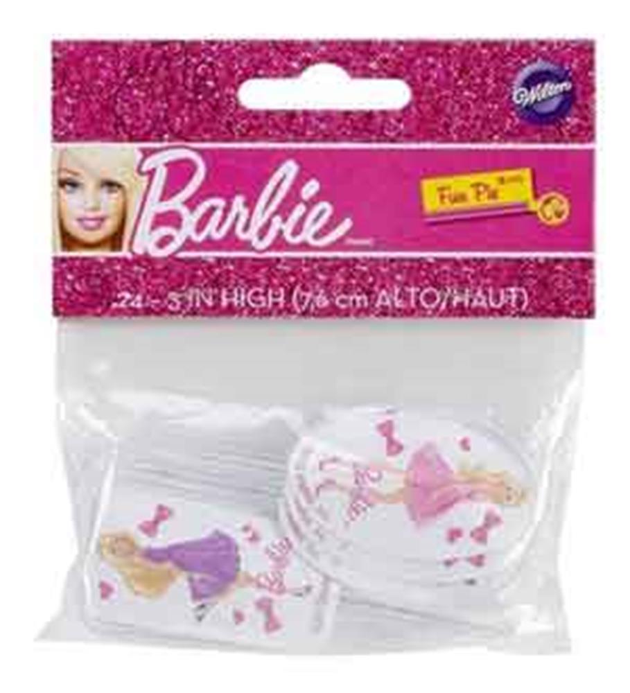 Pack of 24 Barbie-themed white cupcake liners with pink and purple princess designs.