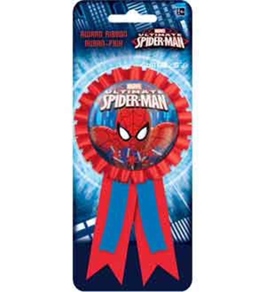 Red and blue award ribbon with Spider-Man face and logo at the center, pleated edges, two hanging tails.