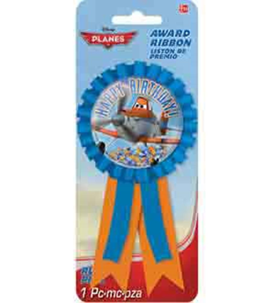 Blue award ribbon with scalloped edges, featuring Dusty the plane from Disney Planes and "Happy Birthday" text in white on.