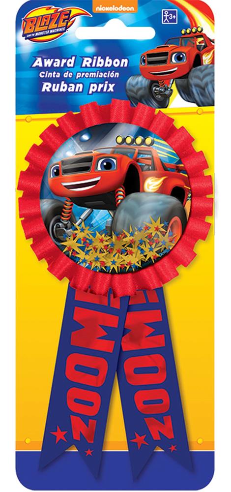 Red and blue Blaze Monster Machines award ribbon with monster truck and "ZOOM" text on tails.