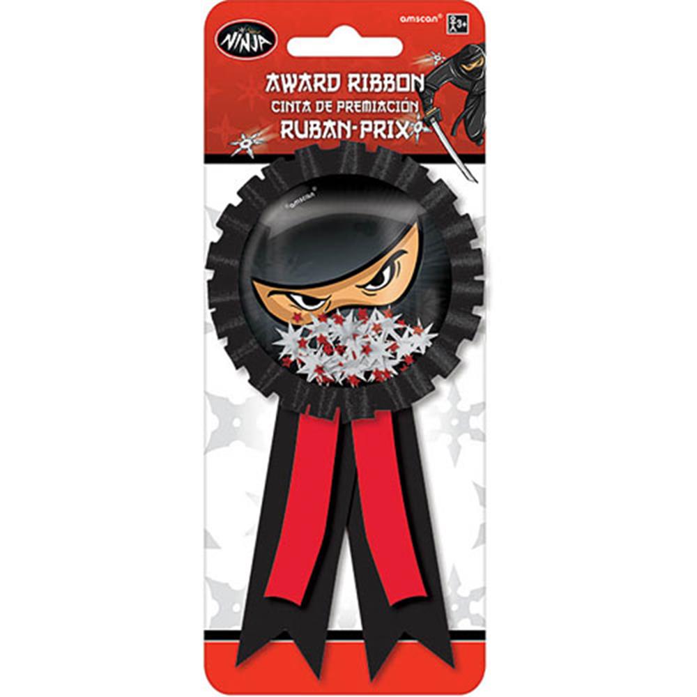 Black award ribbon with ninja face illustration and red and black tails on cardboard backing.
