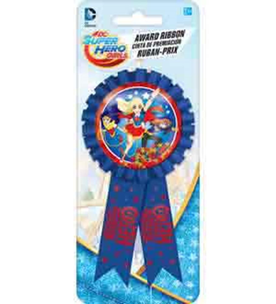 Blue award ribbon with DC Super Hero Girls graphic featuring Wonder Woman and Supergirl.