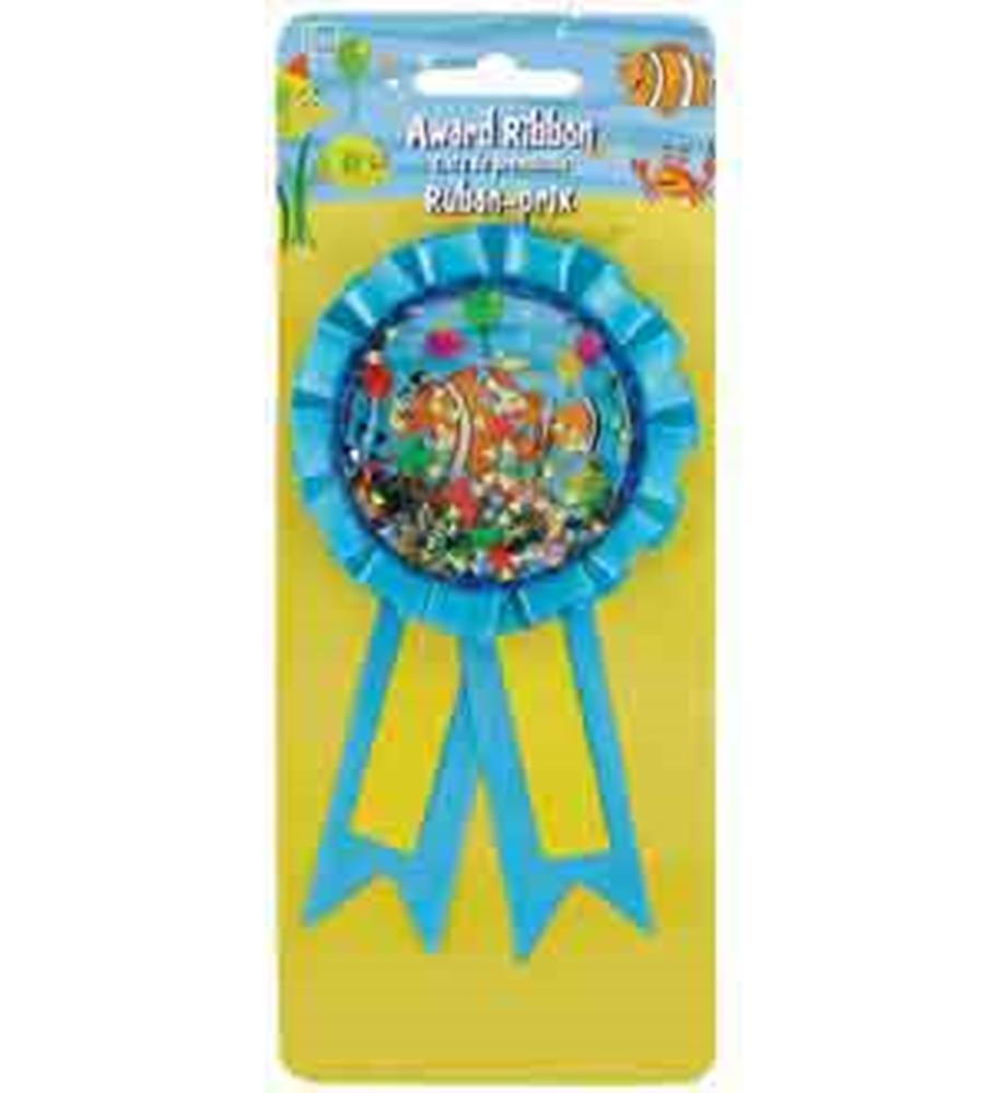 Blue award ribbon with ocean-themed confetti inside a clear circular center on yellow backing card.
