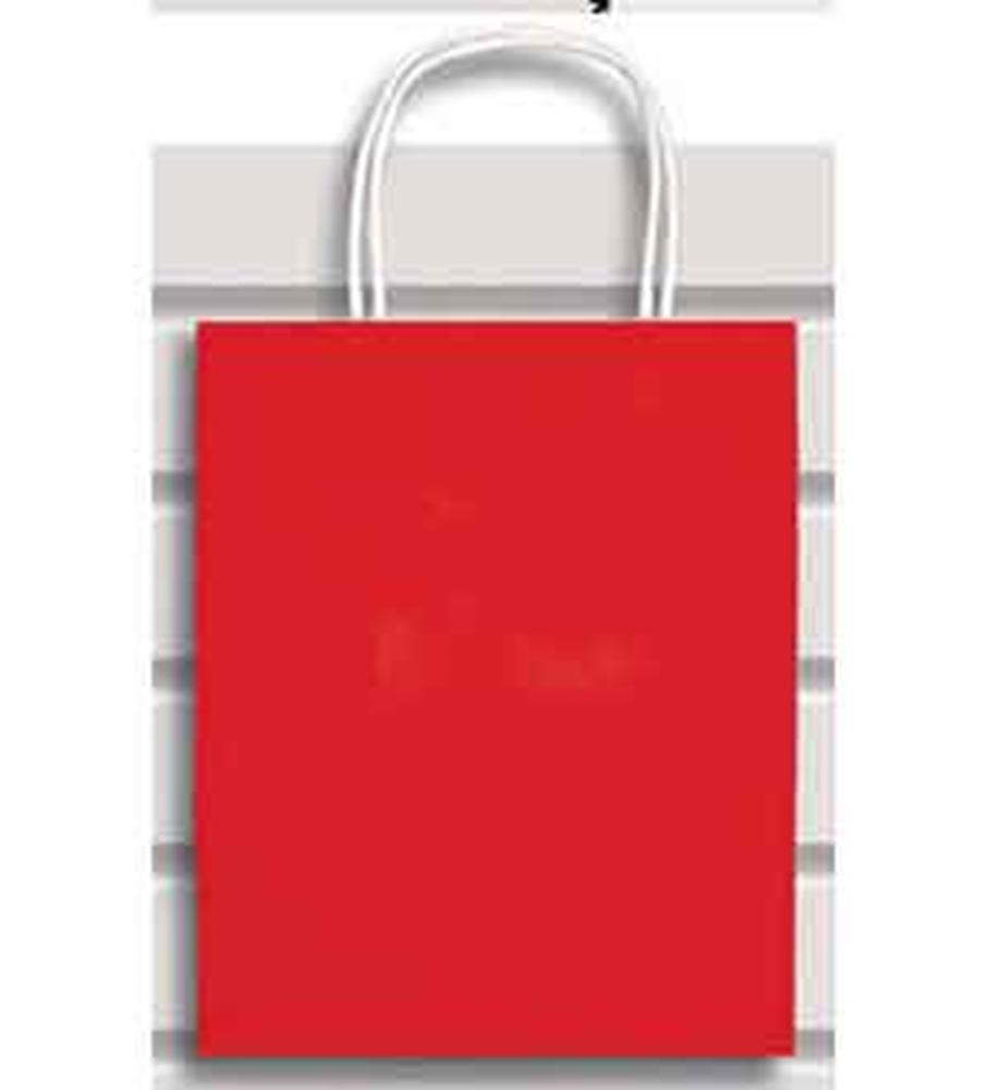 Small red paper gift bag with twisted white handles and a smooth surface.