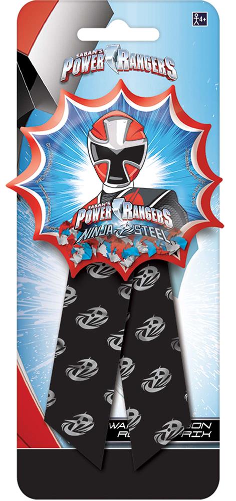 Power Ranger Ninja Award Ribbon with black and red emblem on black satin ribbon attached to themed blue and red backing card.