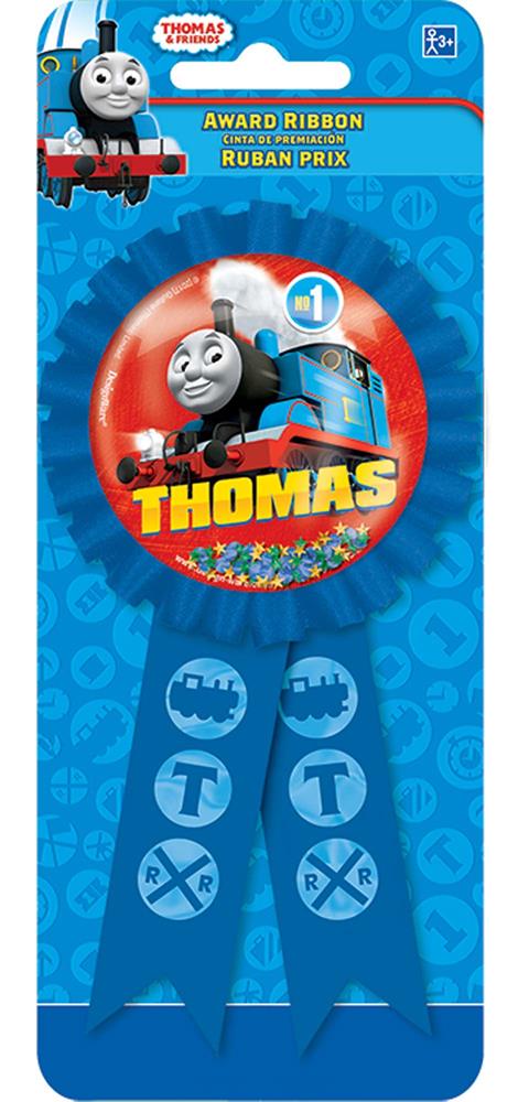 Blue award ribbon featuring a smiling Thomas the Tank Engine with "Thomas" and "#1" text, attached to a blue scalloped.