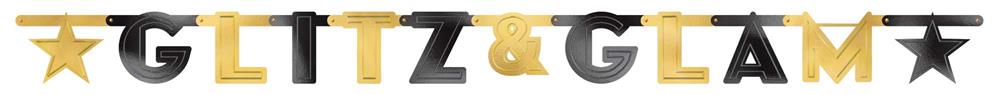 Gold and glittery letter banner spelling "GLITZ & GLAM" with star accents, designed for parties.