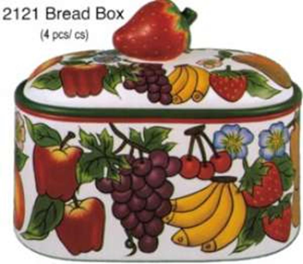 Rectangular bread box with rounded edges featuring colorful painted fruits including apples, grapes, bananas, strawberries,.