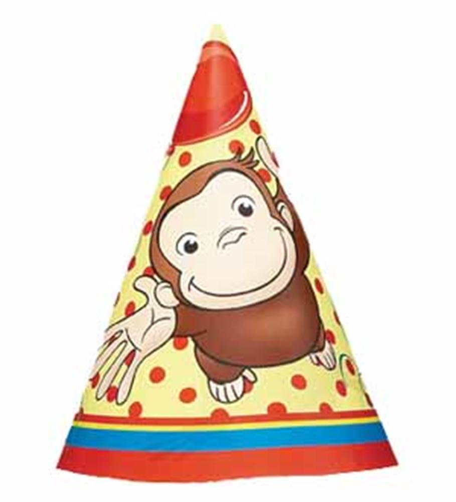 Yellow cone party hat with red dots, featuring Curious George waving and a red party hat on top.