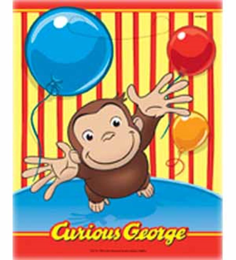 Bright yellow loot bag with Curious George holding colorful balloons on red-striped background.