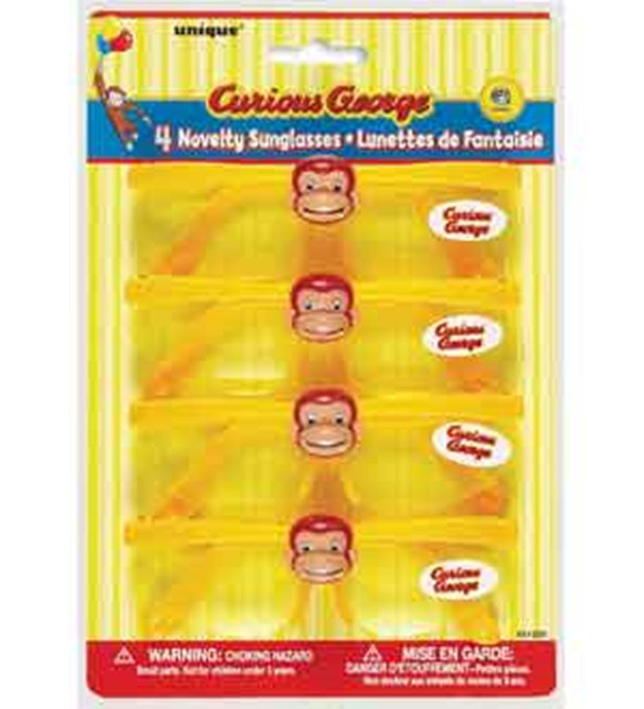 Yellow packaging with four pairs of Curious George novelty sunglasses featuring red frames and monkey faces.