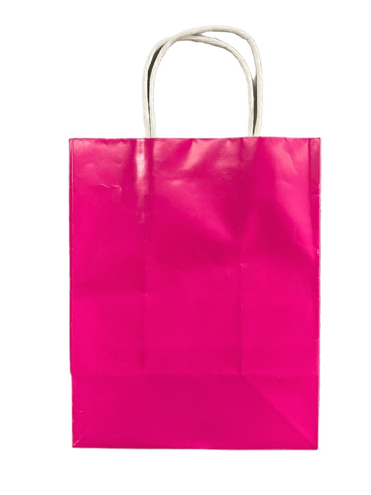 Bright pink medium-sized paper gift bag with twisted white handles.
