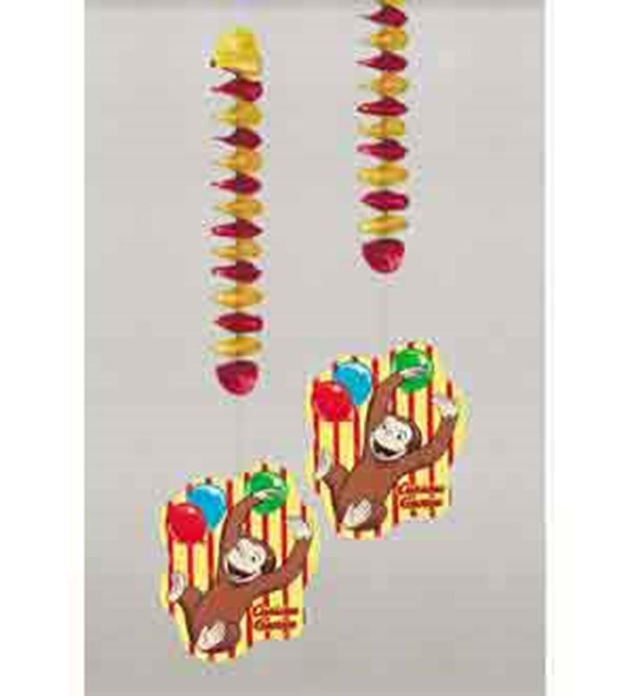 Curious George hanging decor with brown monkey cutouts holding colorful balloons, attached to red and yellow spirals.