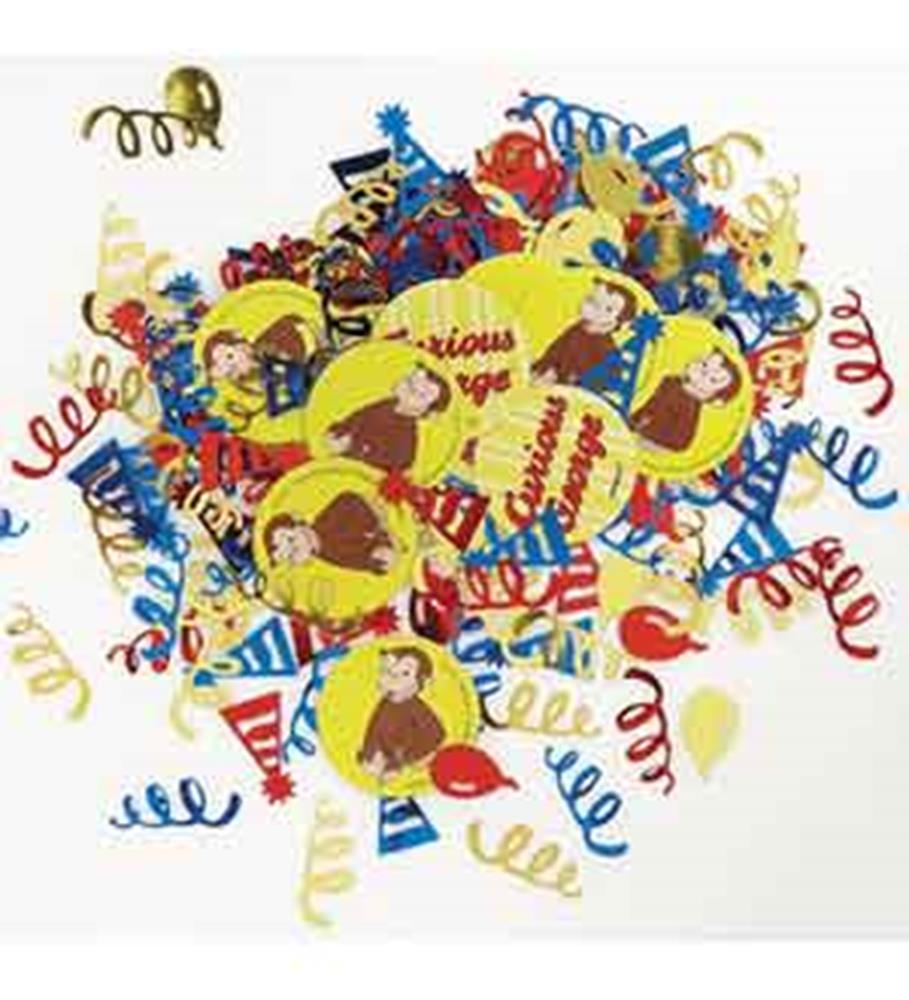 Colorful confetti mix with Curious George character cutouts and birthday-themed shapes in red, blue, yellow, and gold.