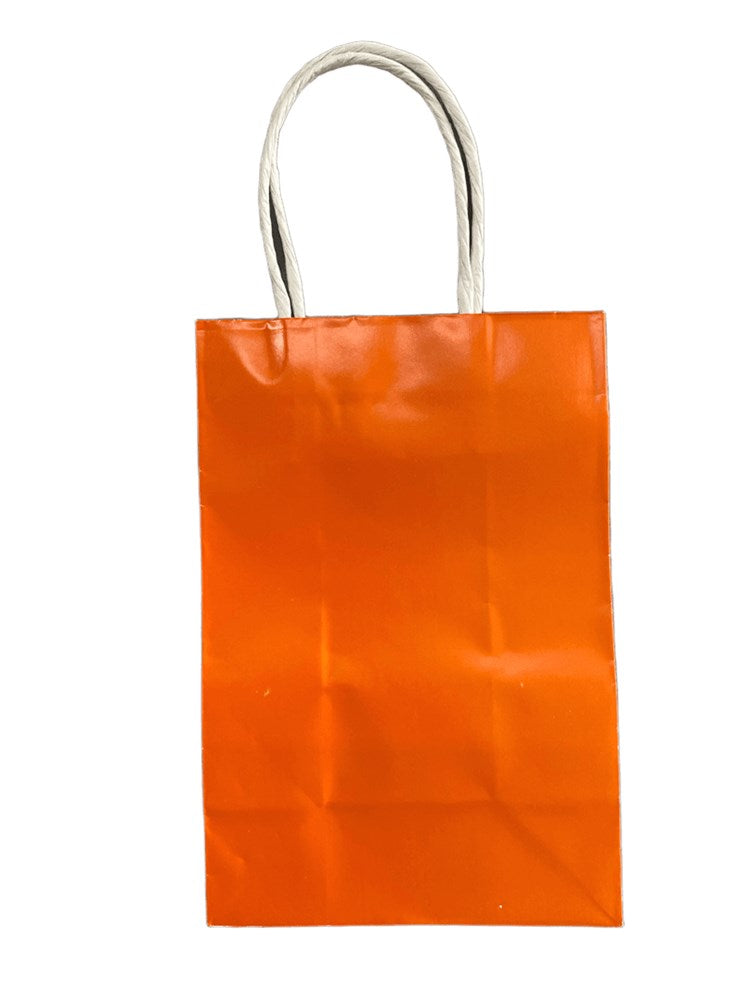 Orange glossy medium gift bag with white twisted paper handles and rectangular shape.
