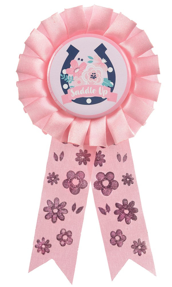 Pink rosette ribbon with a horse graphic and floral-printed streamers for awards.