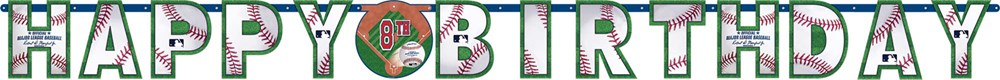 Colorful jumbo birthday banner with "HAPPY BIRTHDAY" letters featuring MLB baseball-themed designs and logos.
