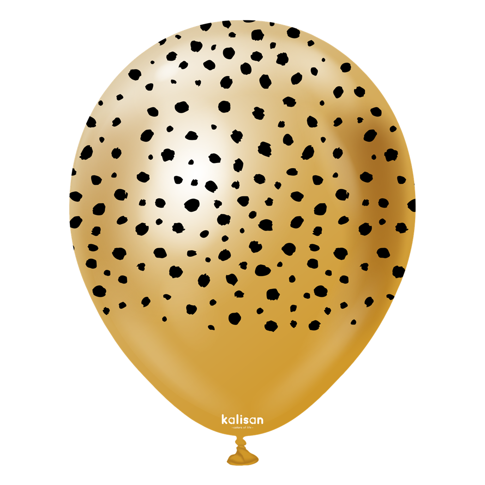 12-inch gold latex balloon with black cheetah spots and a glossy metallic finish.
