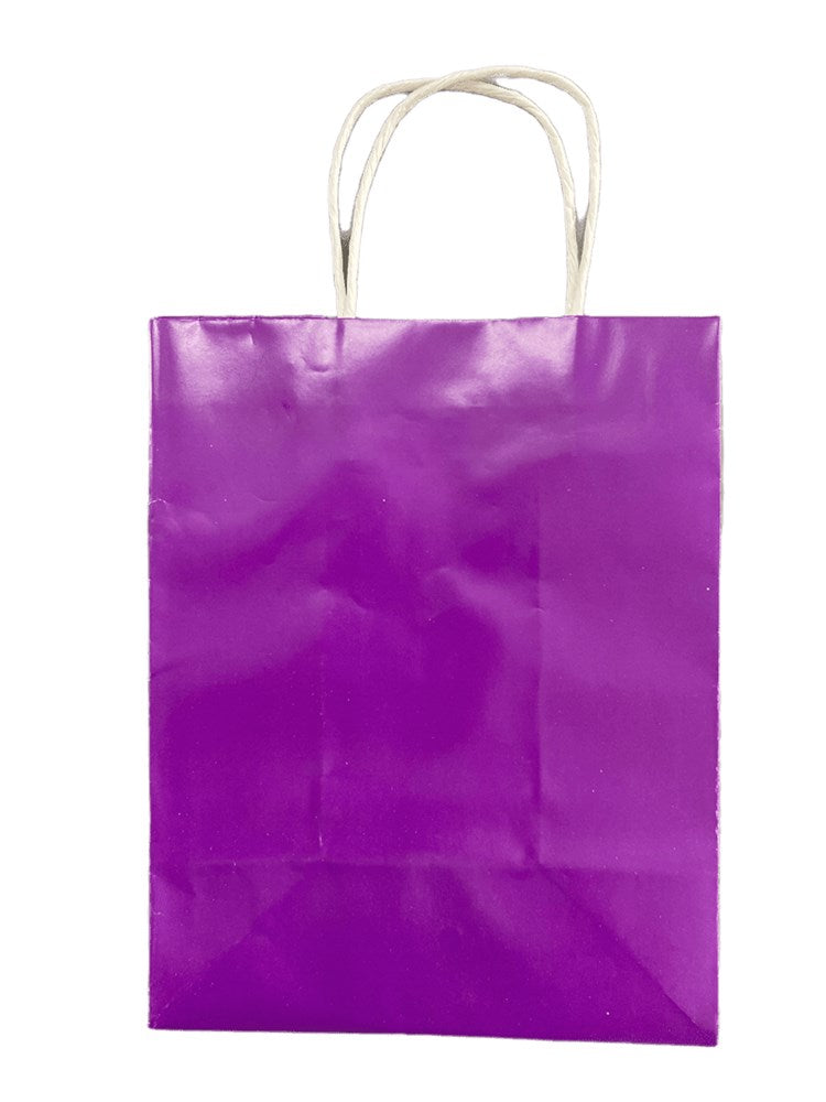 Glossy grape purple paper gift bag with white twisted paper handles, medium size.