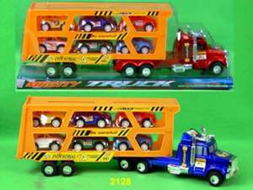 Orange plastic car carrier toy with colorful miniature cars on red and blue truck bases.