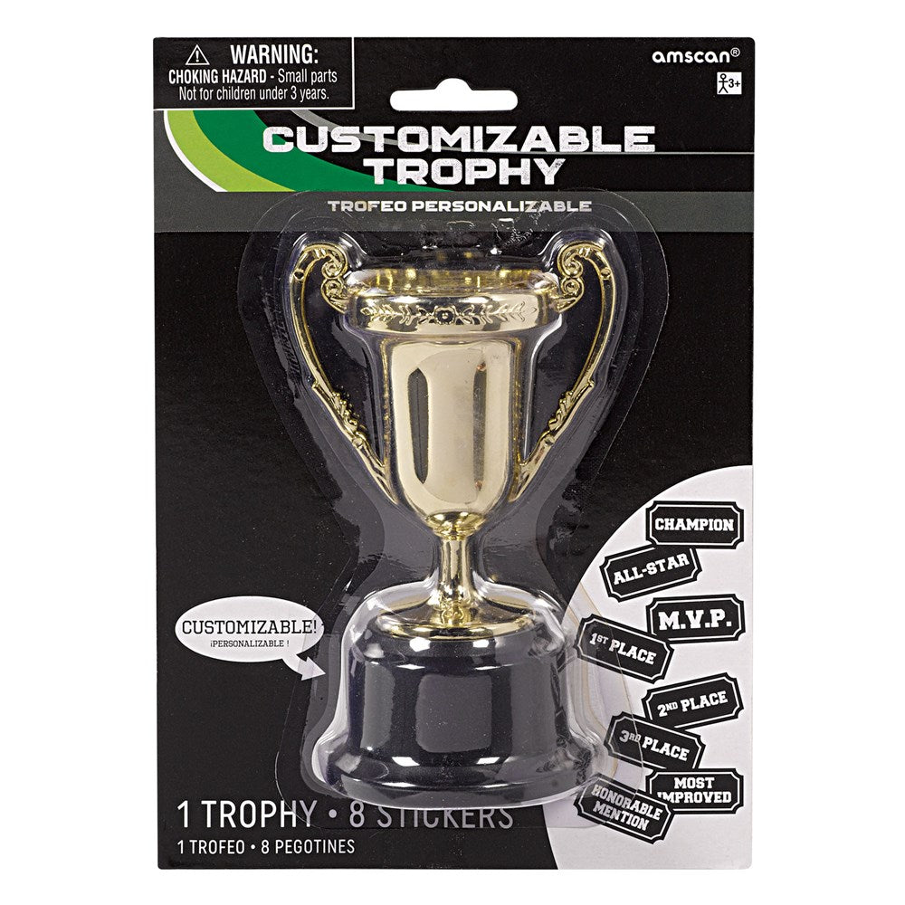 Gold and black customizable trophy cup with a black base and sports-themed sticker labels around it.
