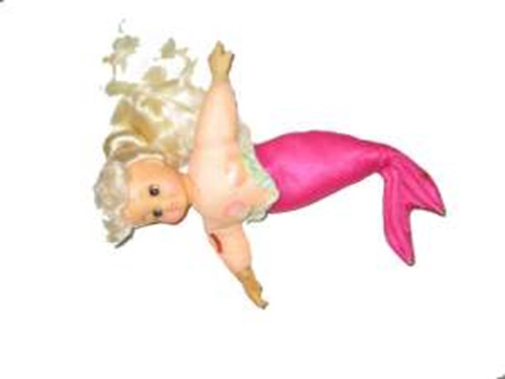 Blonde mermaid doll with pink tail and light skin, made of soft material for holding or cuddling.