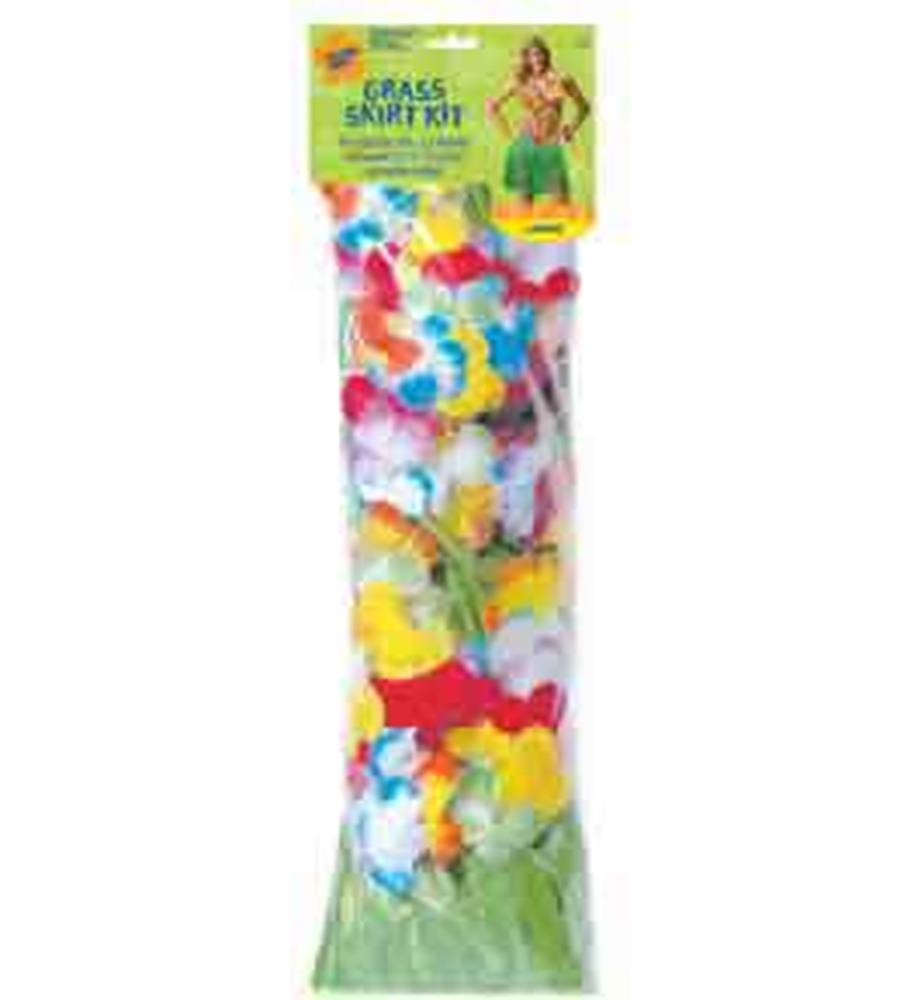 Pack of five large adult-size grass skirts with colorful artificial flowers, packaged in clear plastic.