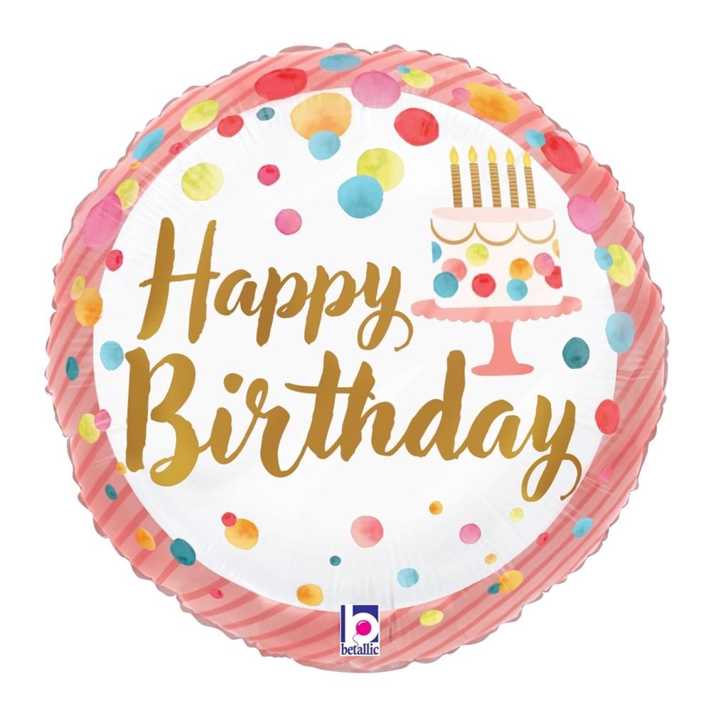 Round pink foil balloon with gold "Happy Birthday" text, birthday cake, and colorful confetti design.