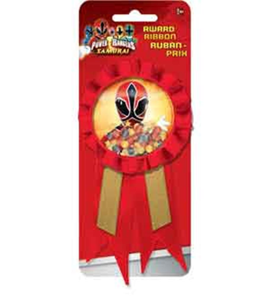 Red award ribbon with gold hanging tails and a round center featuring a black and red Power Ranger helmet design.