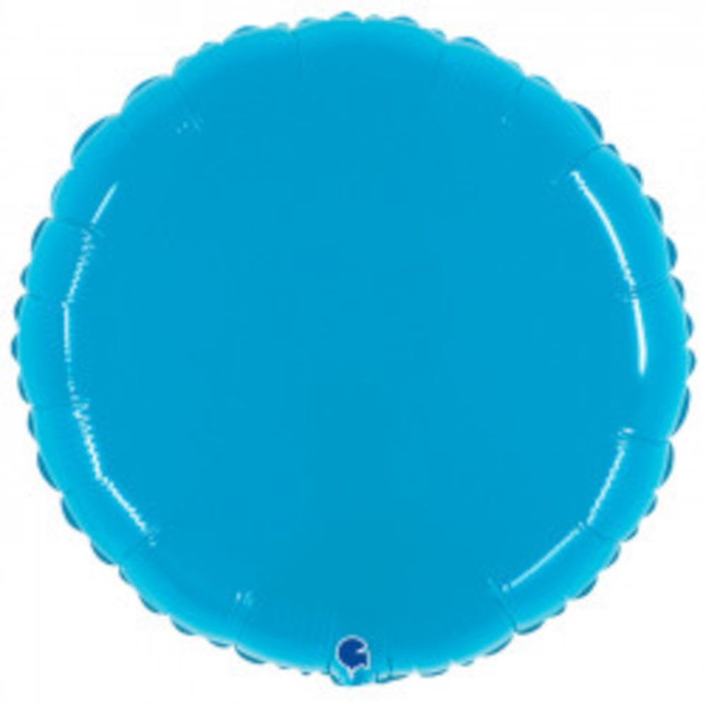 Cyan shiny round foil balloon with smooth reflective surface, 21 inches in diameter.