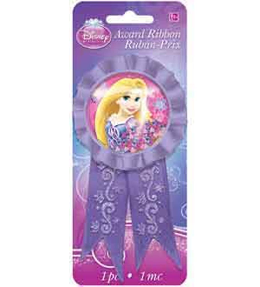Purple award ribbon with a round badge featuring Disney Rapunzel in a pink and purple dress, scroll designs on ribbon tails.