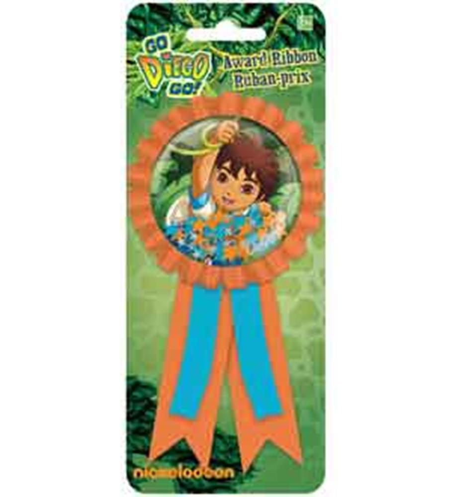 Orange and blue award ribbon featuring a round badge with a cartoon boy character and confetti background.