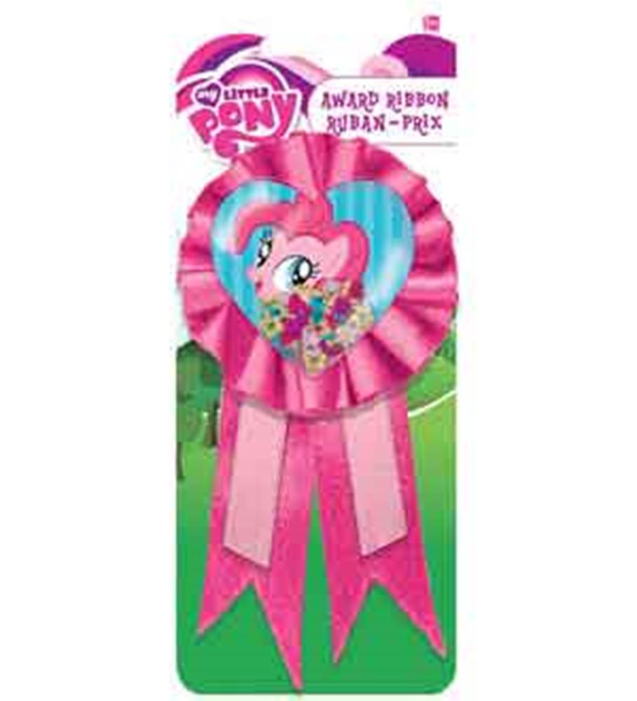 Pink My Little Pony award ribbon with heart-shaped center featuring a colorful pony and two pink hanging tails.