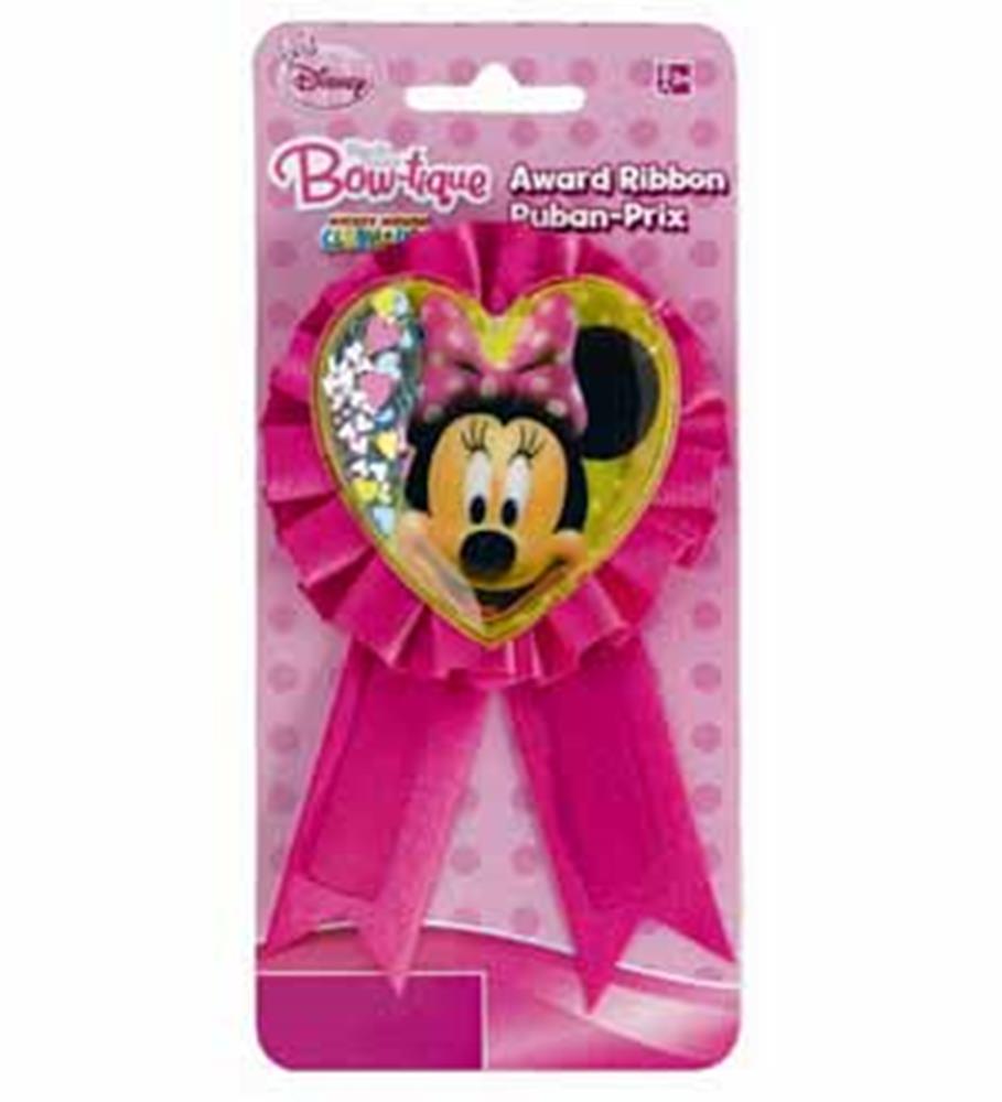 Pink award ribbon with heart-shaped Minnie Mouse center and confetti detail.