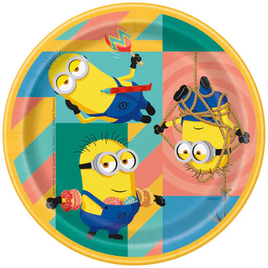 Round 7-inch plate with colorful geometric background featuring three playful Minions from Despicable Me.