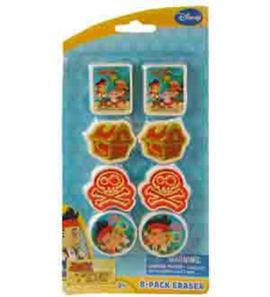 Set of eight colorful erasers featuring Jake and the Neverland Pirates characters and themed symbols in red, orange, and.