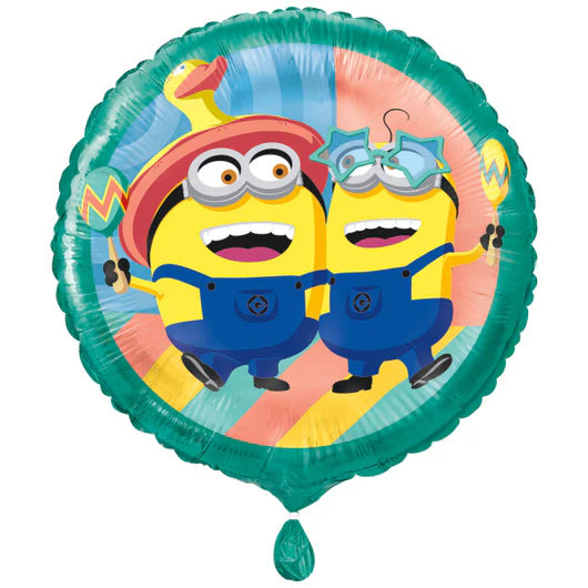 Round foil balloon with two smiling yellow Minions wearing blue overalls on a colorful striped background.