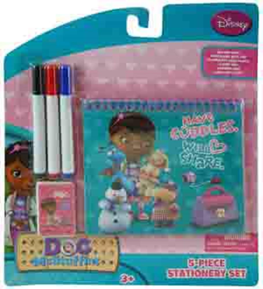 Doc McStuffins-themed stationery set with pink and blue notepad, four colored markers, and matching stickers in packaging.