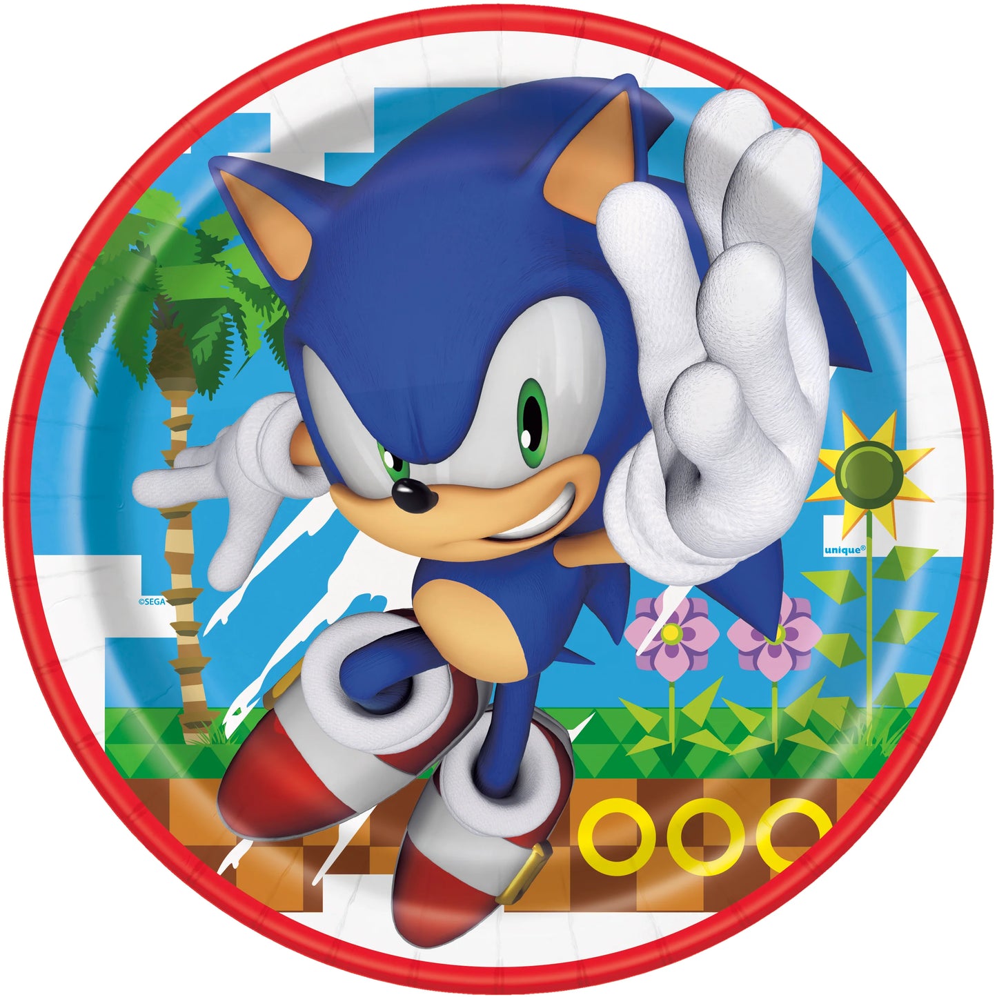 Round 9-inch paper plate featuring Sonic the Hedgehog with a colorful video game background and red rim.