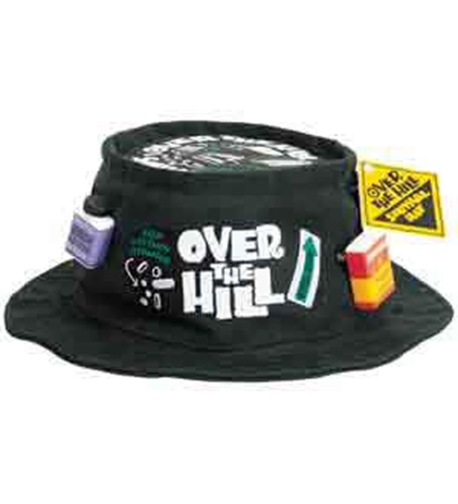 Black bucket hat with embroidered "Over the Hill" text and colorful baby bottle, rattle, and pacifier patches.