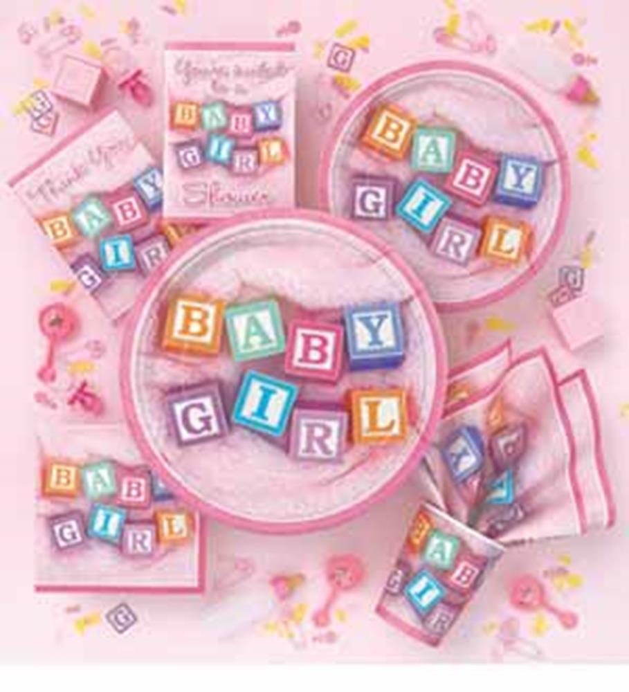 Small square napkins with pastel-colored baby blocks spelling "BABY GIRL" in each napkin, surrounded by baby shower.