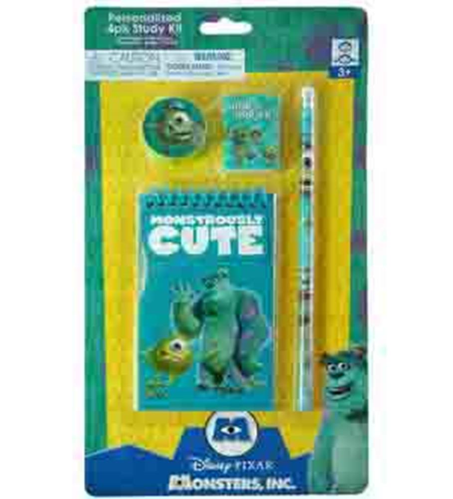 Monsters University 4-piece study kit with blue notebook, pencil, eraser, and sharpener featuring Sulley and Mike characters.
