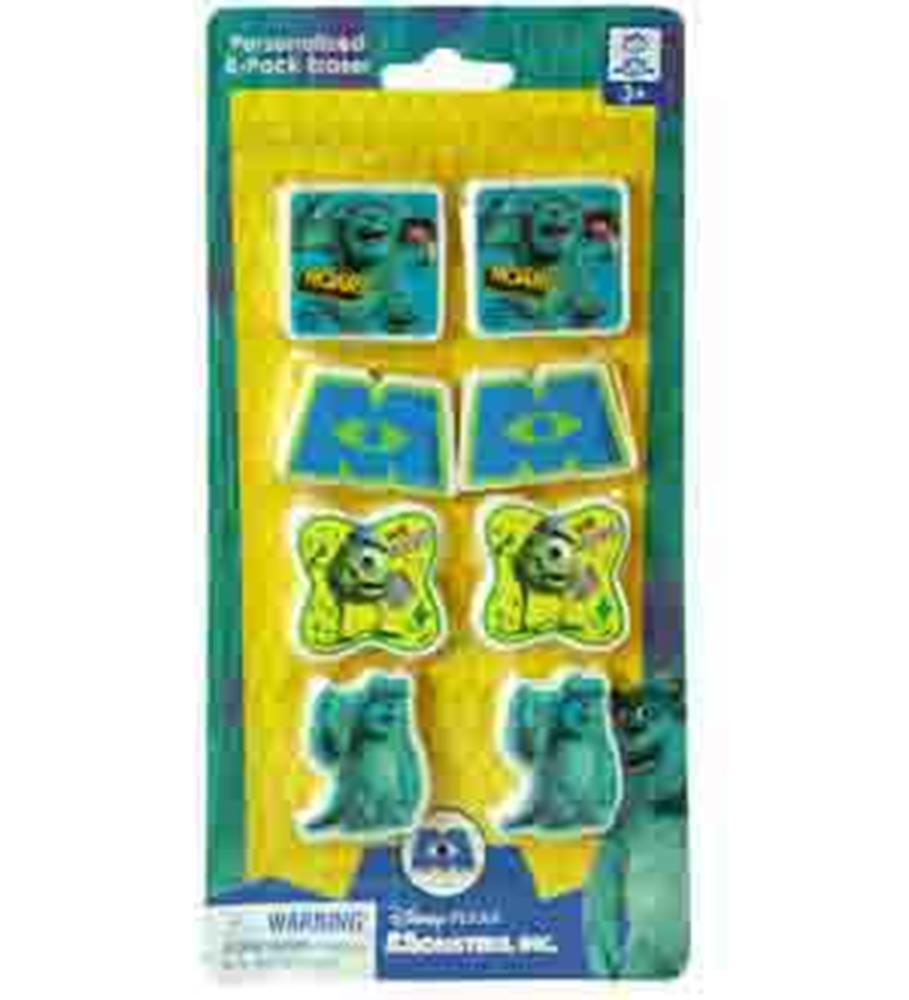 Set of eight Monsters University-themed erasers featuring colorful character faces and logos in blue, green, and yellow.