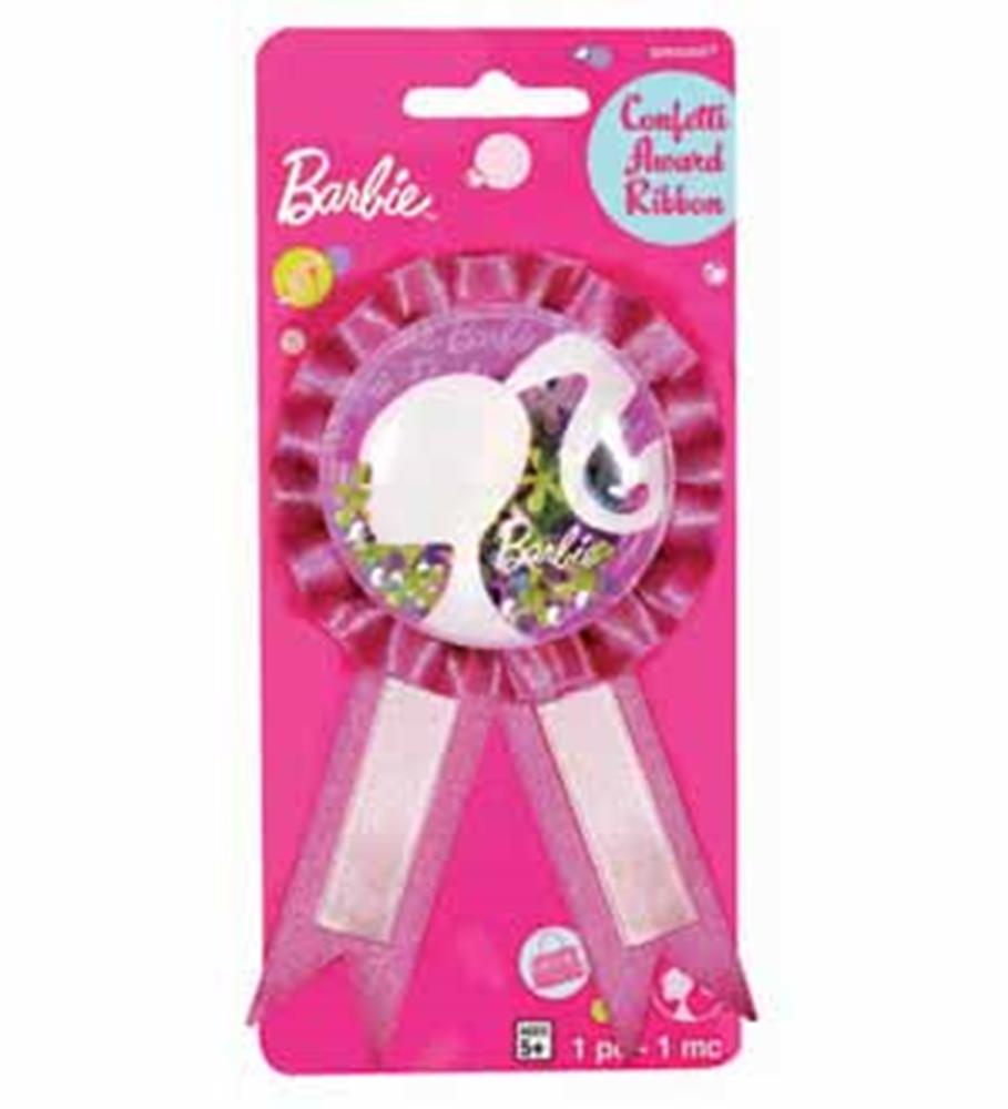 Pink Barbie confetti pouch award ribbon with silhouette and colorful confetti inside on pink card backing.