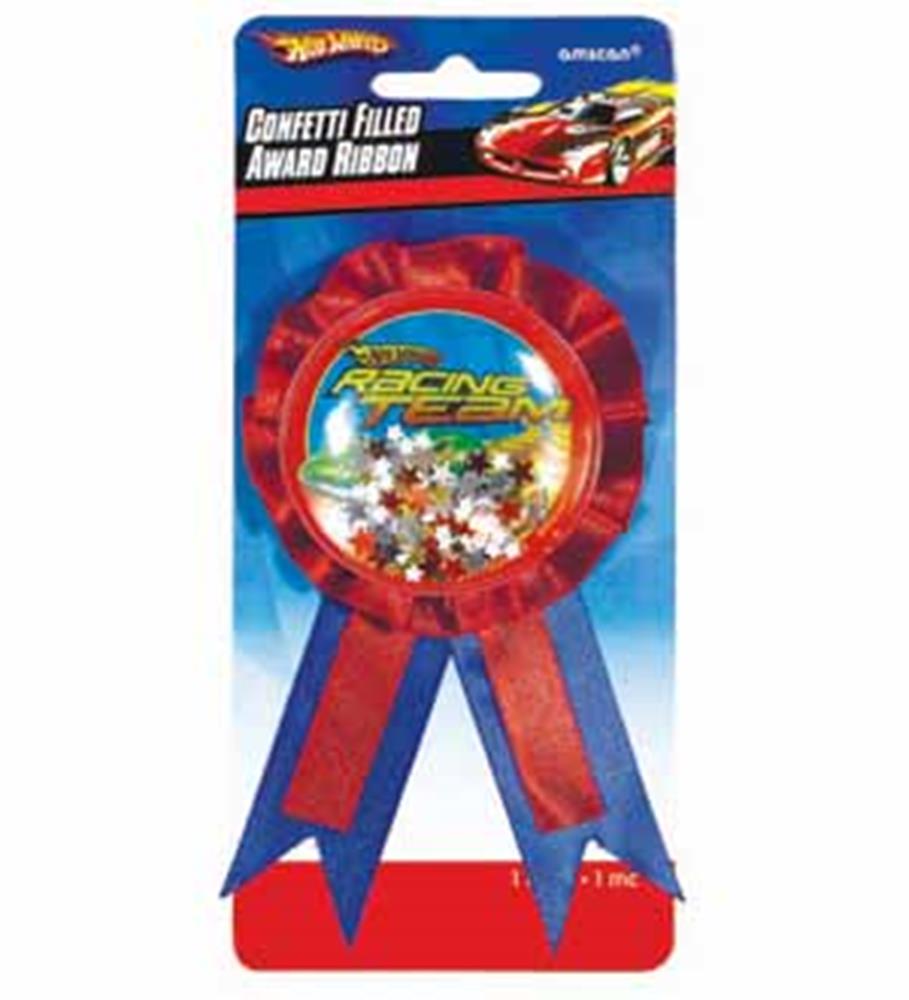 Red and blue award ribbon with Hot Wheels logo center filled with colorful confetti.