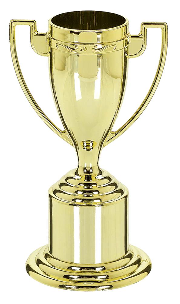 Shiny gold plastic trophy cup with two handles and a tiered round base, 5 inches tall.
