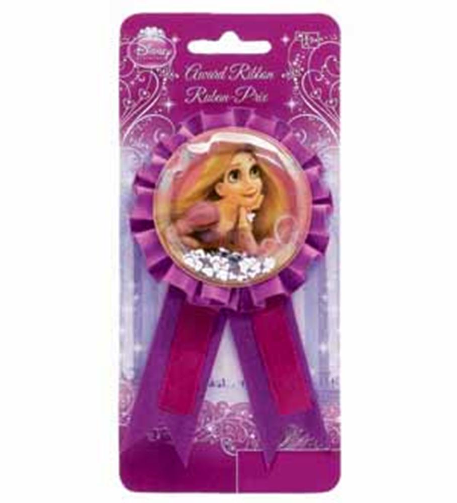 Purple award ribbon with two hanging tails and a round center featuring Disney's Rapunzel confetti inside a clear dome.