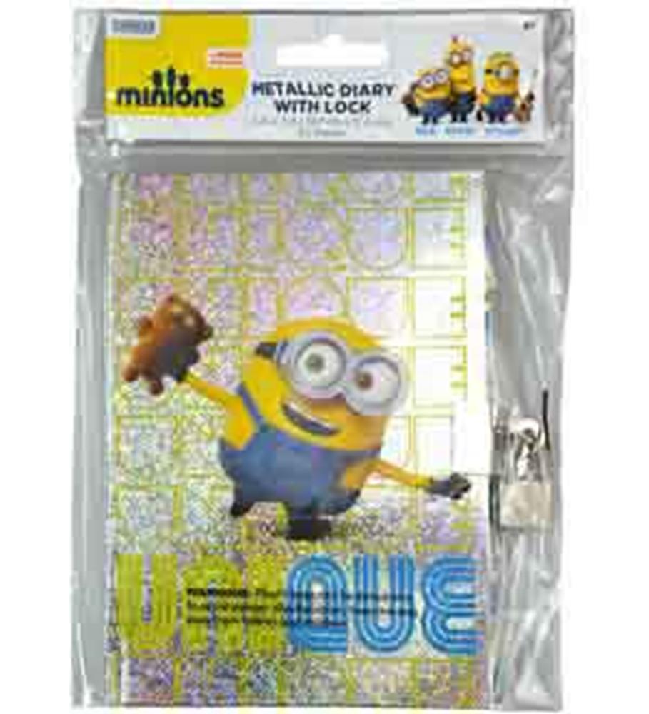 Silver foil diary with a Minion character and teddy bear, blue "UNIQUE" text, lock included.