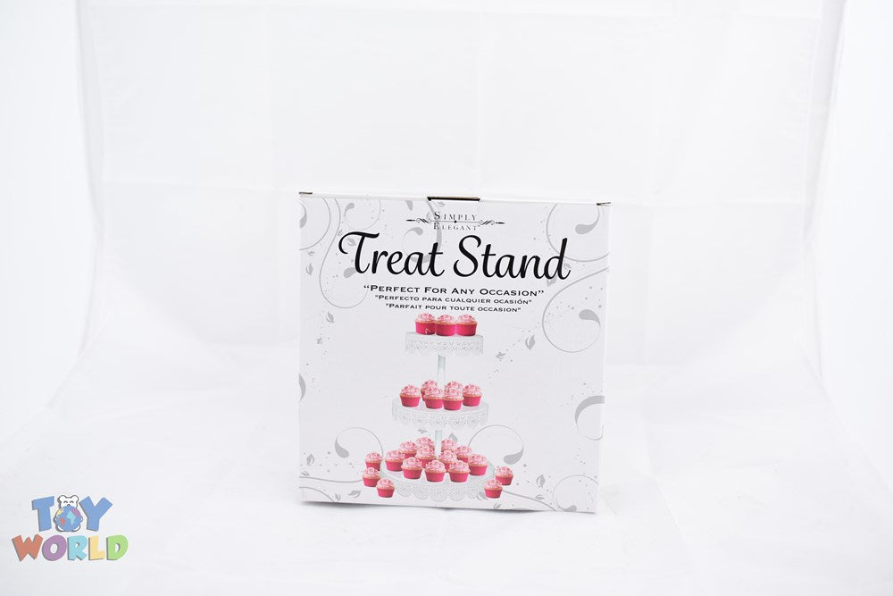 Three-tiered metal treat stand with round eyelet edges, painted white.